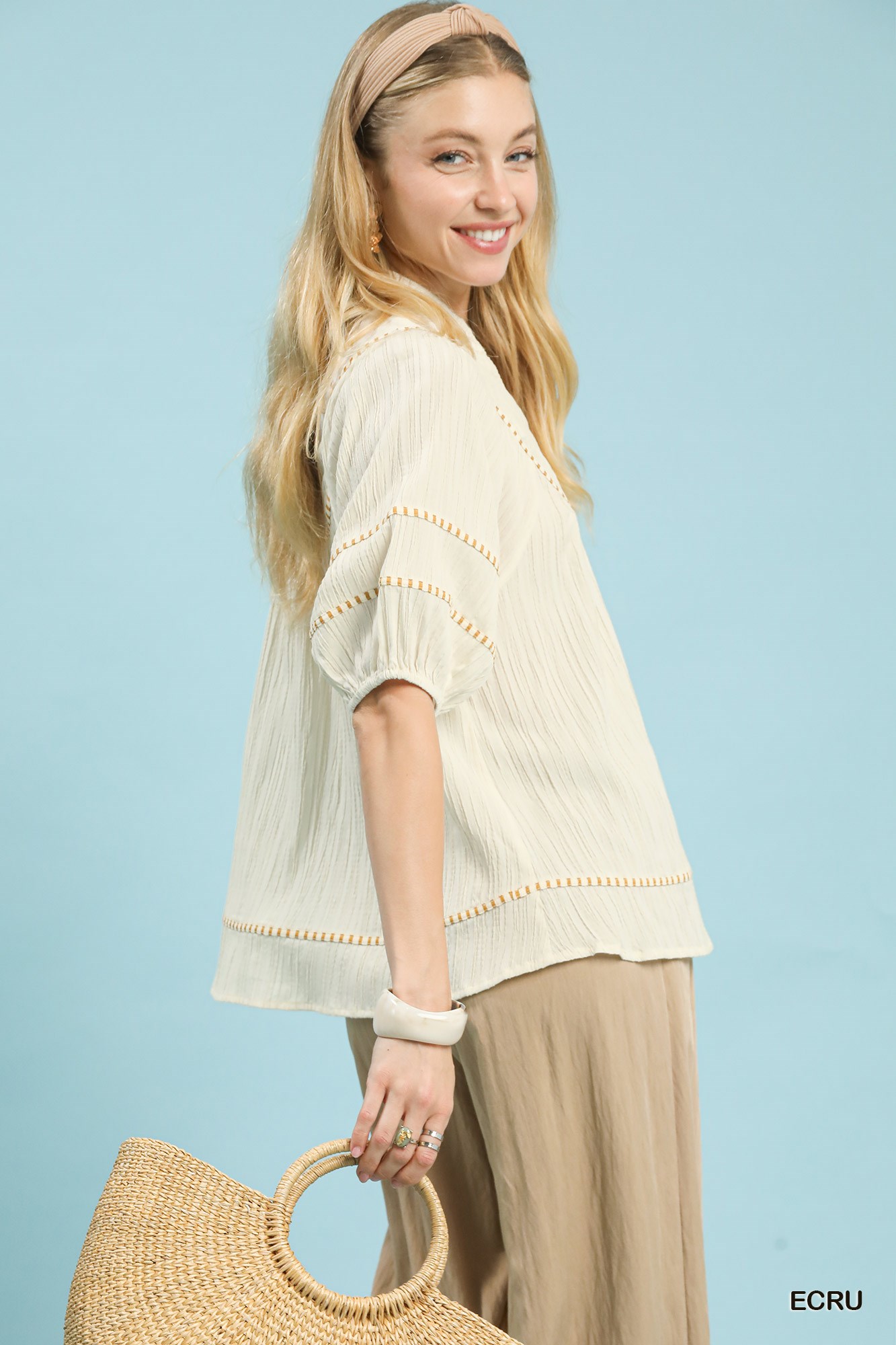 Textured Short Sleeve Top with Contrast Trim, image 2