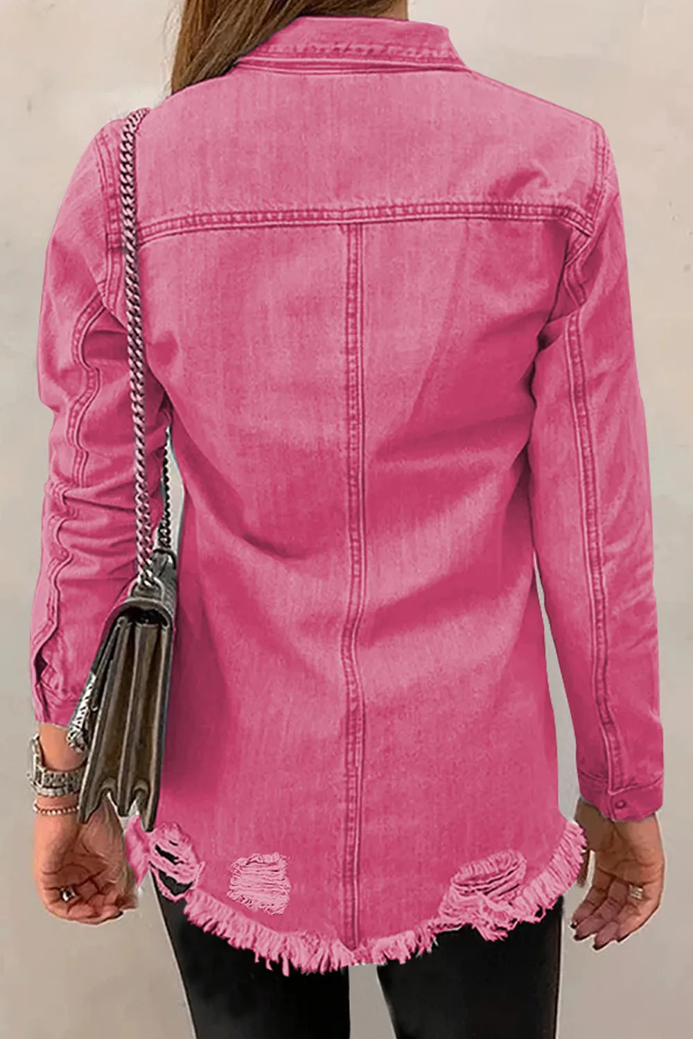 Distressed Raw Hem Snap Down Denim Jacket, image 5