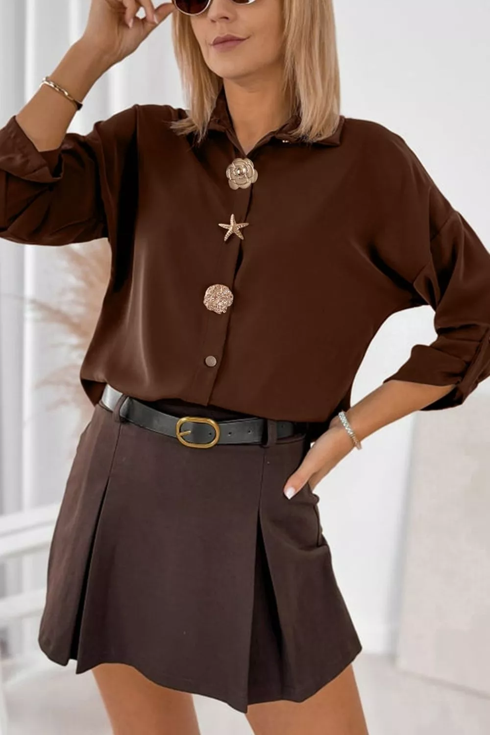 Multi Button Decoration Tab Long Sleeve Casual Shirt