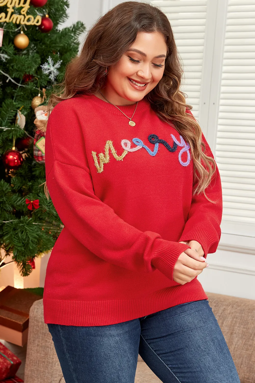 Plus Size MERRY Round Neck Long Sleeve Sweater, image 3