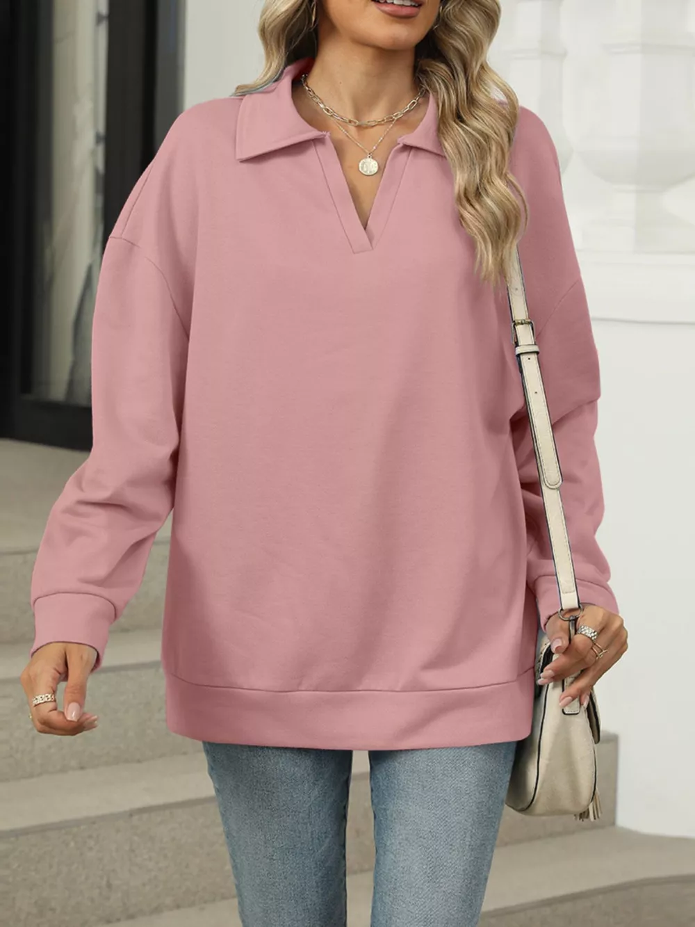 Johnny Collar Drop Shoulder Long Sleeve Sweatshirt, image 25