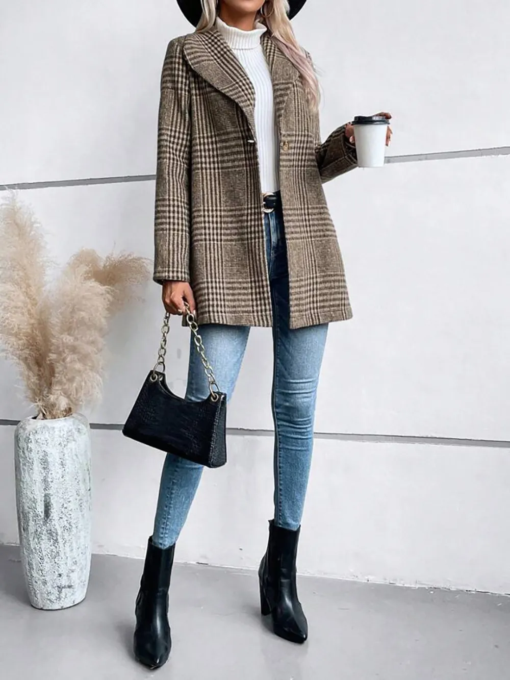 Plaid Collared Neck Long Sleeve Jacket, image 8
