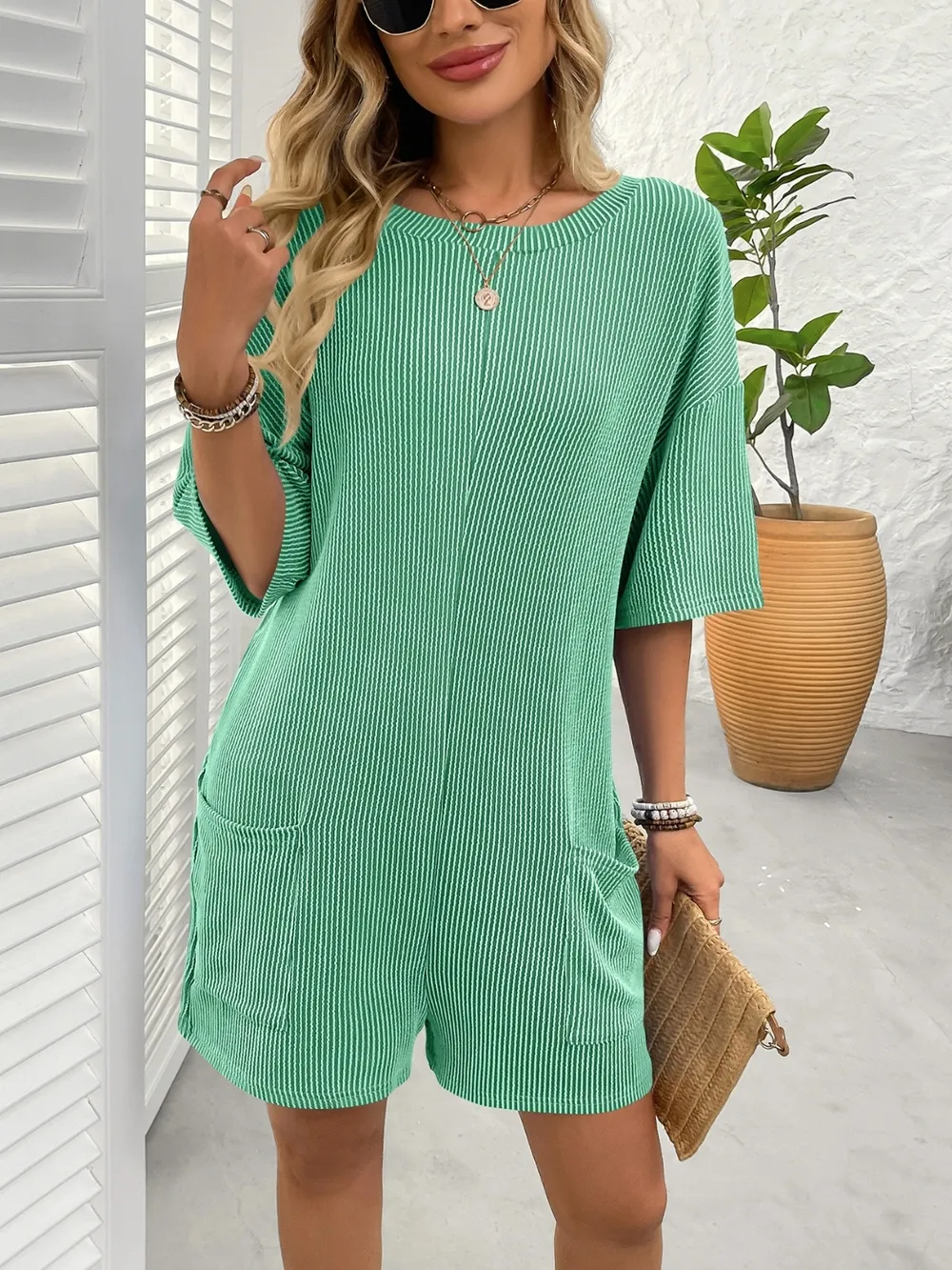 Backless Textured Round Neck Half Sleeve Romper, image 18