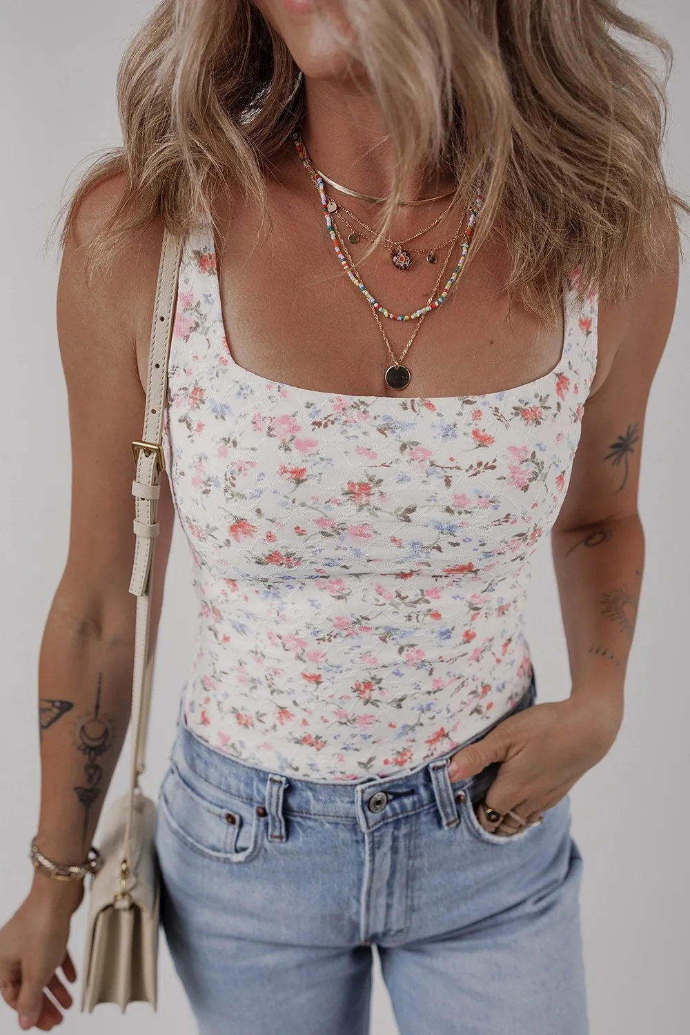 Floral Textured Square Neck Sleeveless Bodysuit, image 4