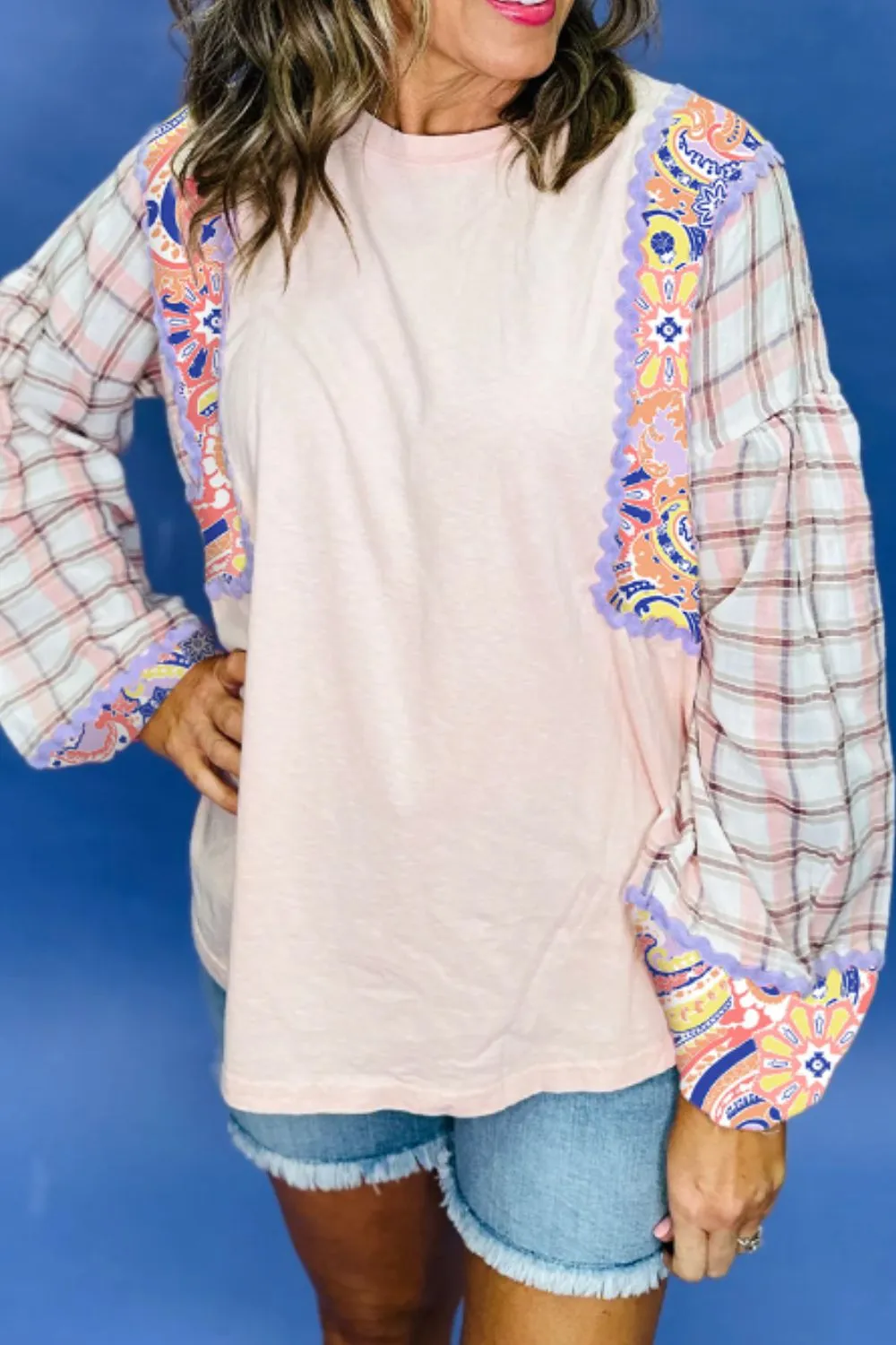 Paisley Print Plaid Long Sleeve Oversized Top