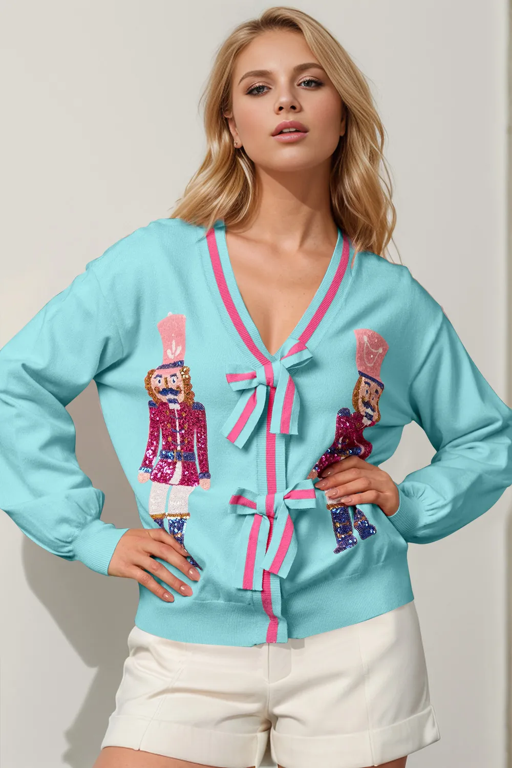Full Size Nutcracker Sequin Bow Decor Cardigan, image 3