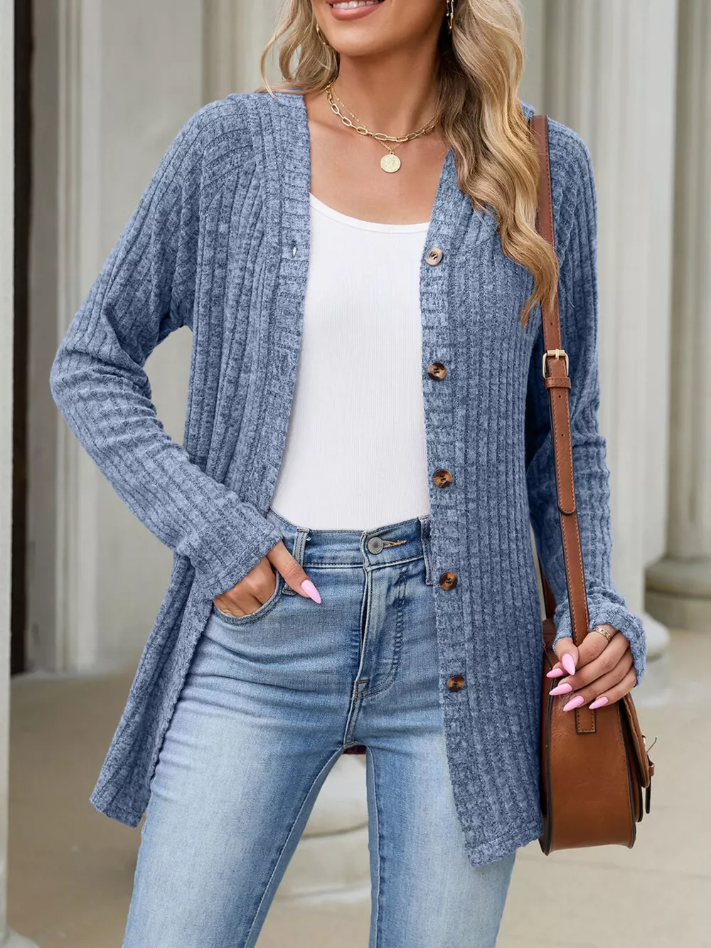 Ribbed Knit Hooded Button-Down Cardigan, image 25