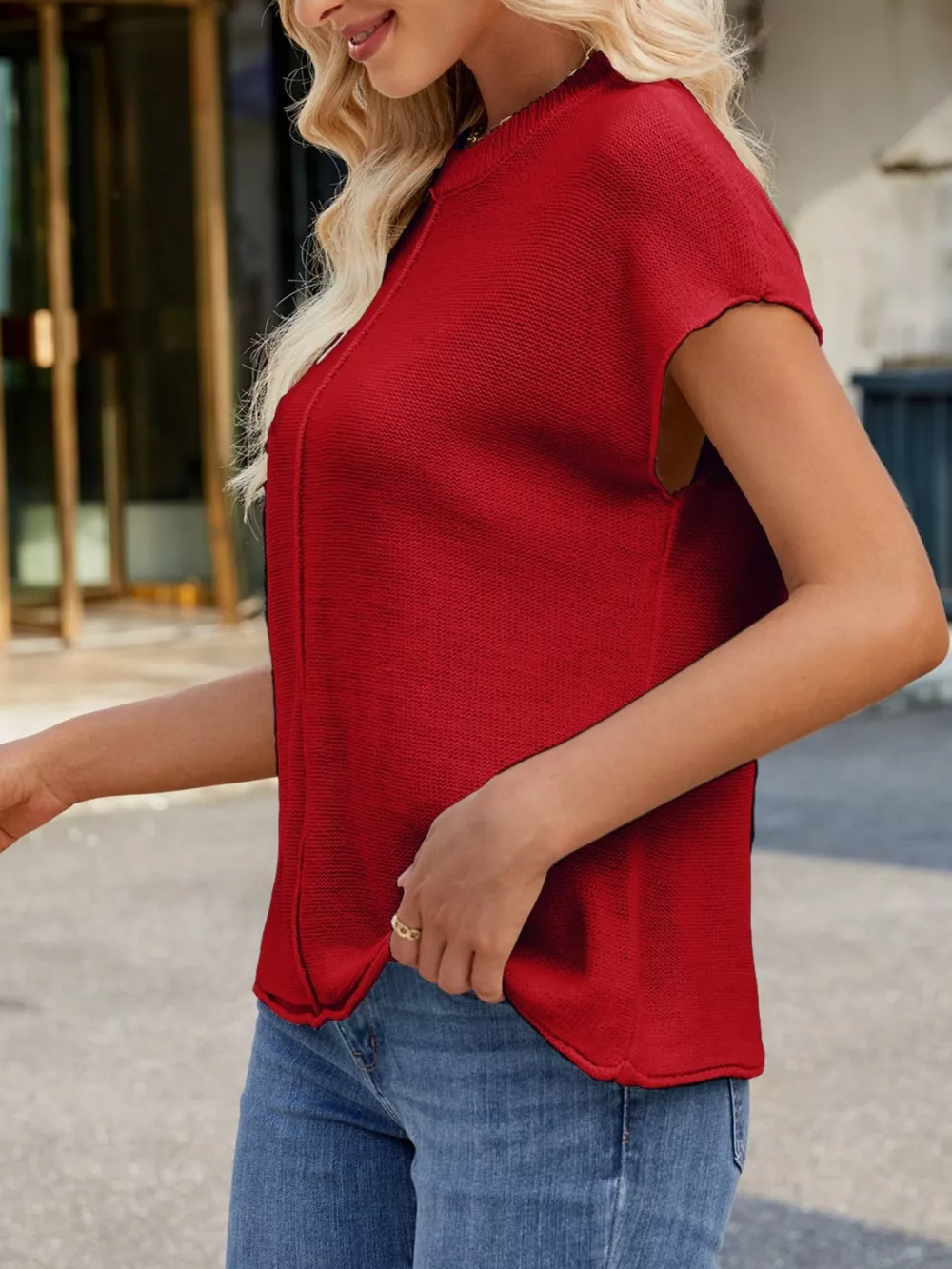 Round Neck Short Sleeve Knit Top with Center Seam Detail, image 6