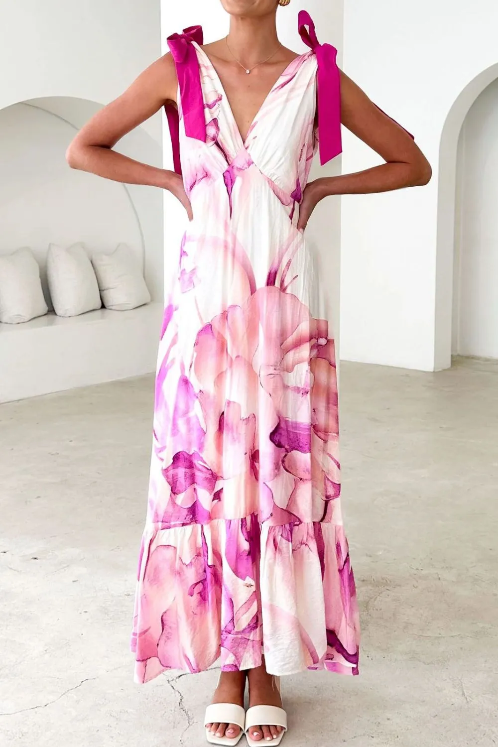 Printed V-Neck Tie Shoulder Midi Cami Dress, image 8