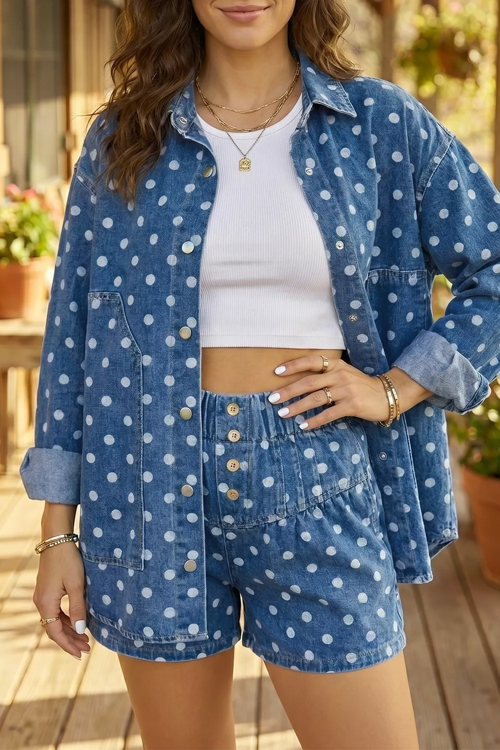 Polka Dot Long Sleeve Collar Shift Tunic Denim Jacket, image 3