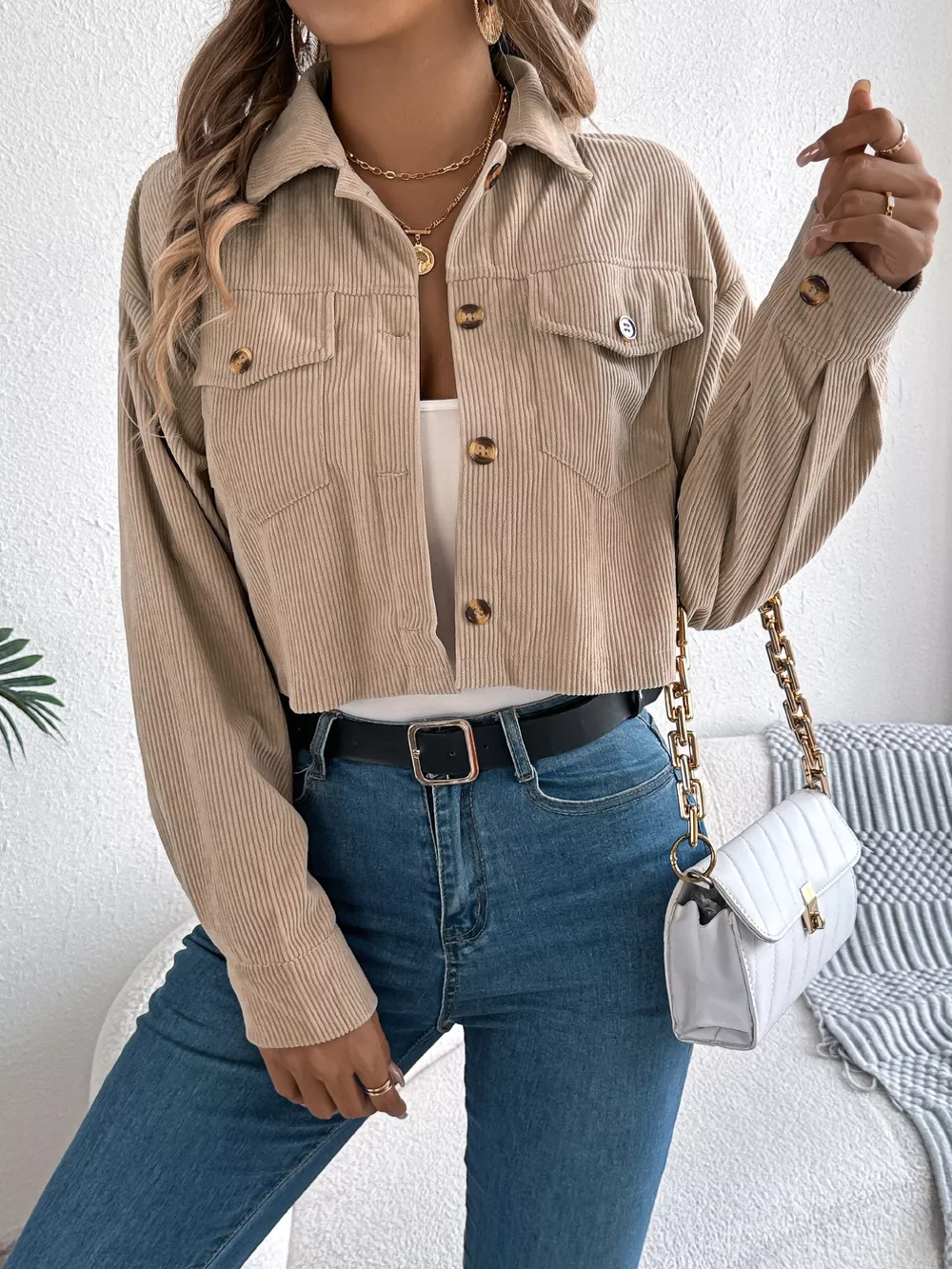 Corduroy Button-Up Dropped Shoulder Jacket, image 14