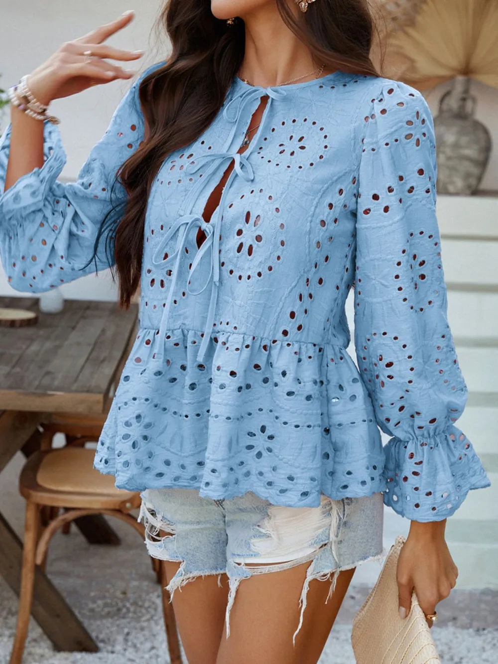 Tie Front Flounce Sleeve Peplum Blouse, image 4