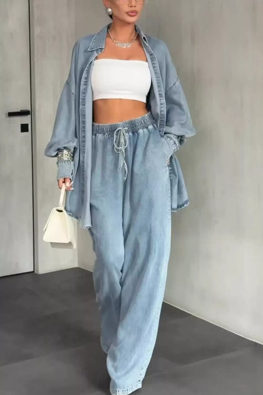 Wash Button Up Shirt and Wide-Leg Pants Denim Set, image 2