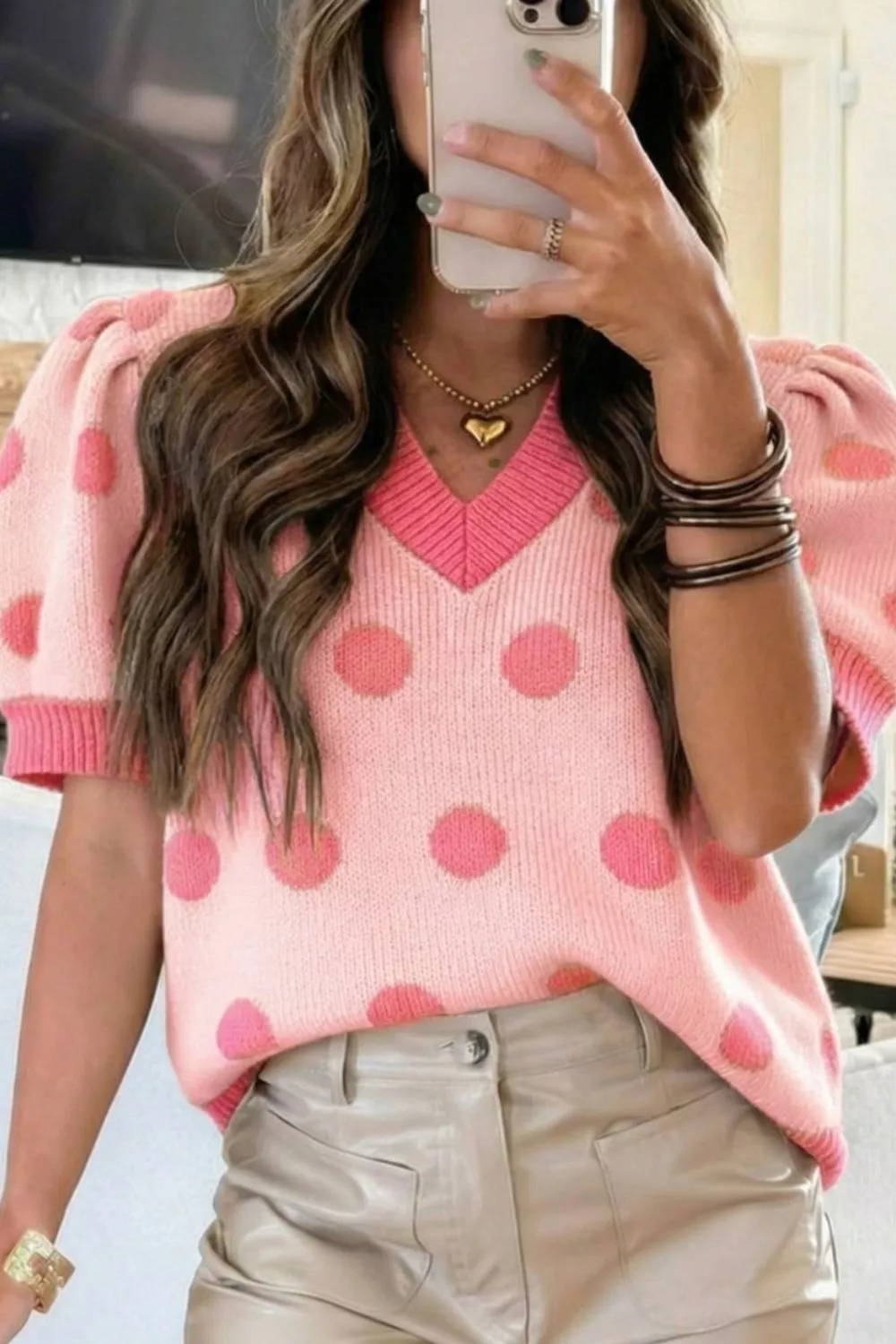Polka Dot Puff Short Sleeve Sweater Top, image 7