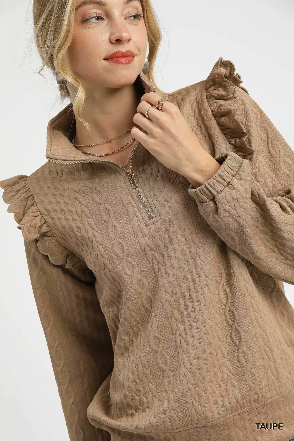 Cable Knit Textured Pullover with Ruffle Shoulders, image 4