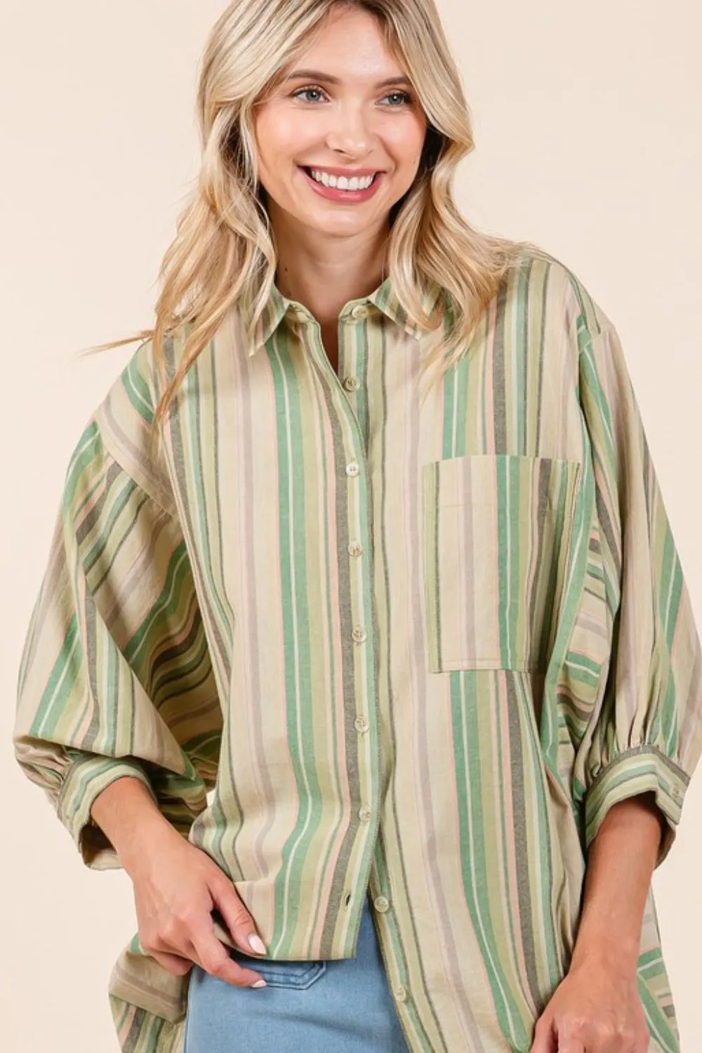Striped Bubble Sleeve Button Down Shirt