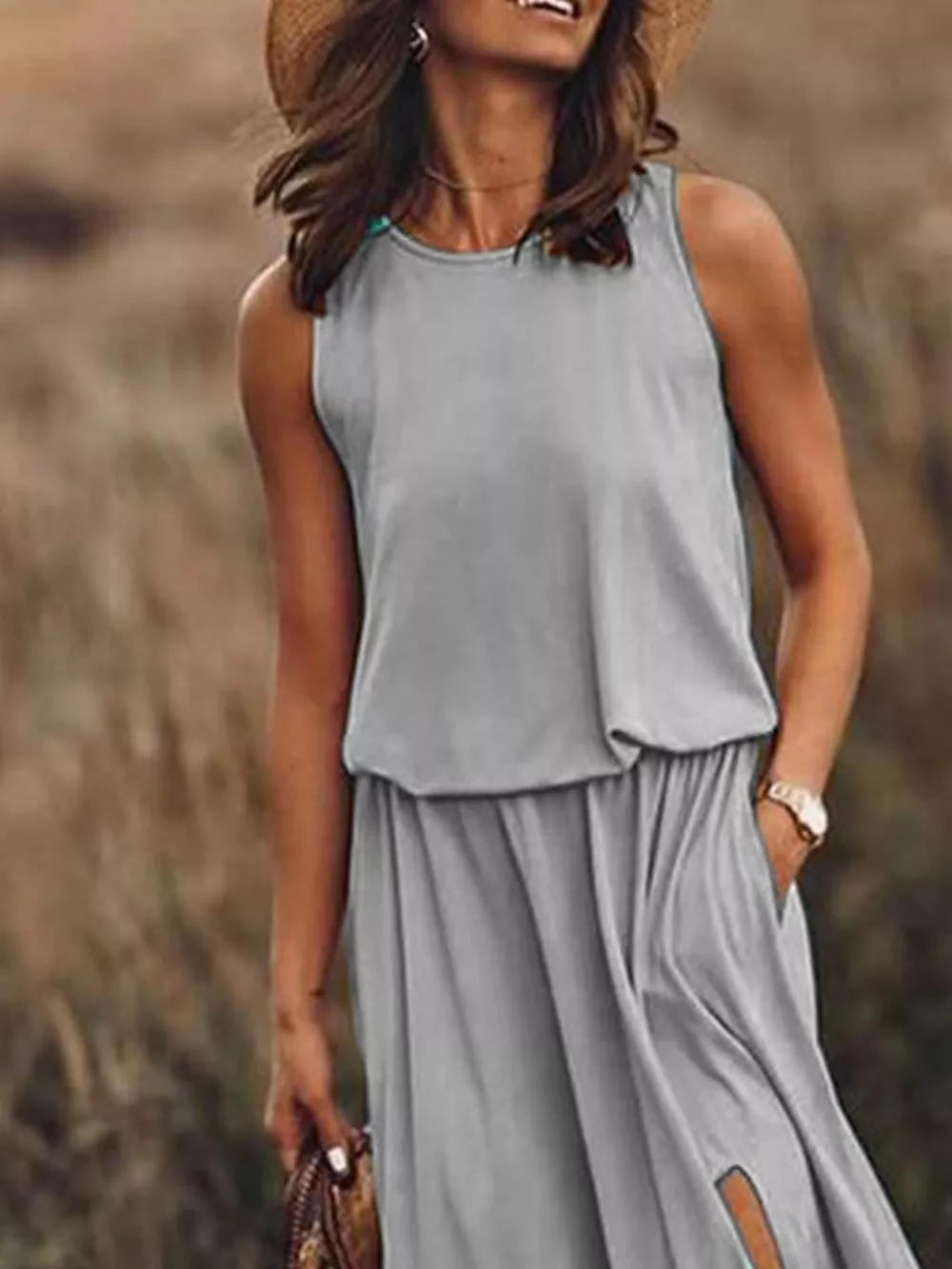 Full Size Round Neck Sleeveless Slit Maxi Dress Plus Size, image 3