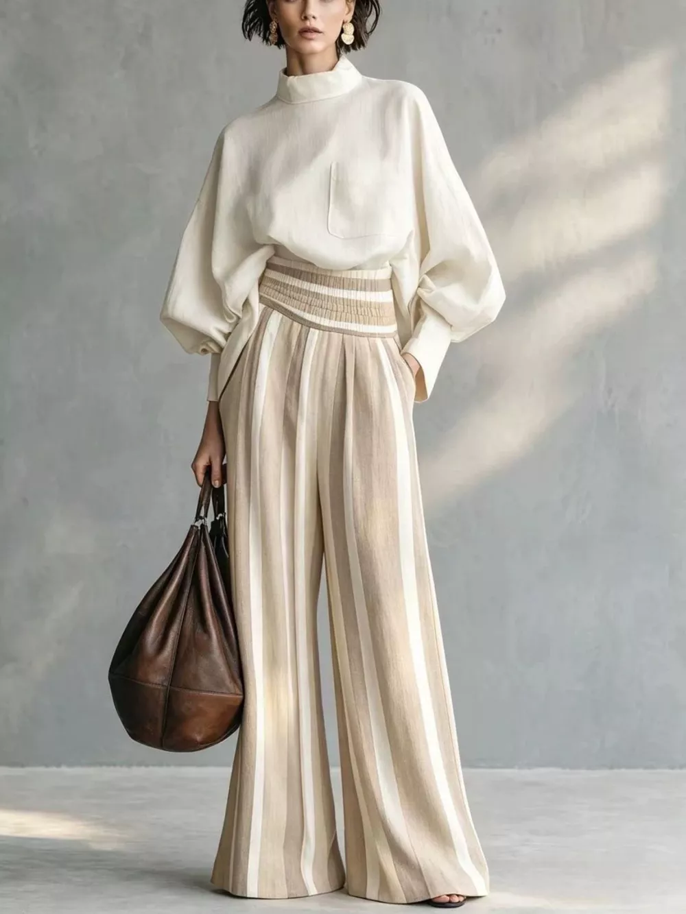Full Size Mock Neck Top and Striped Wide-Leg Pants Set Plus Size