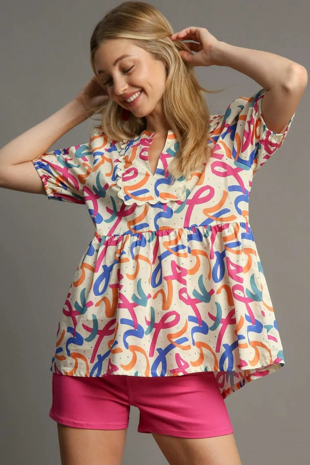 Full Size Mixed Print Puff Sleeve Babydoll Blouse Plus Size, image 2