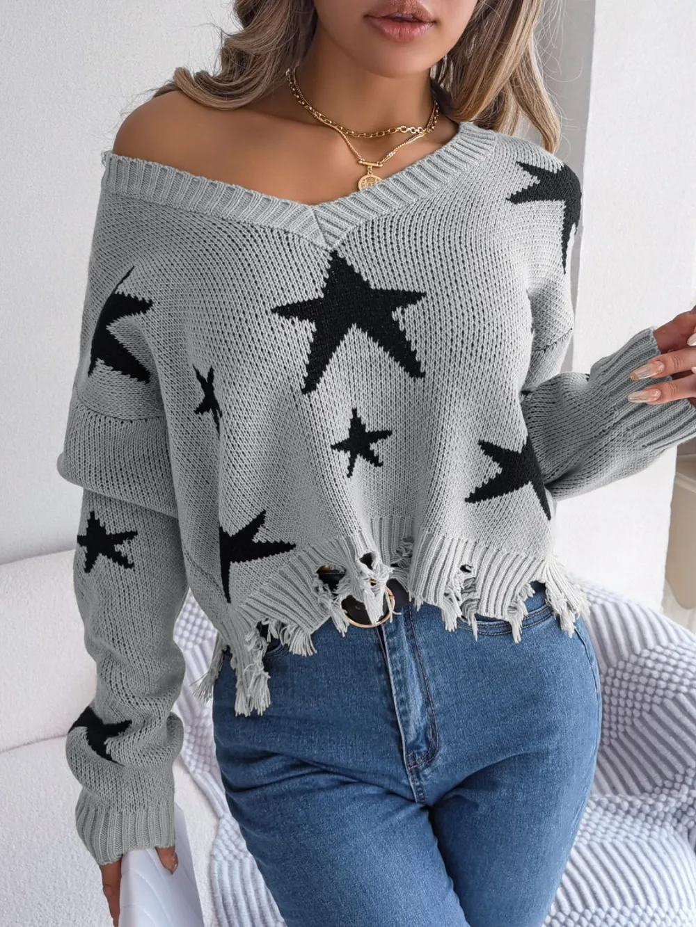 Star Pattern Distressed V-Neck Cropped Sweater, image 9