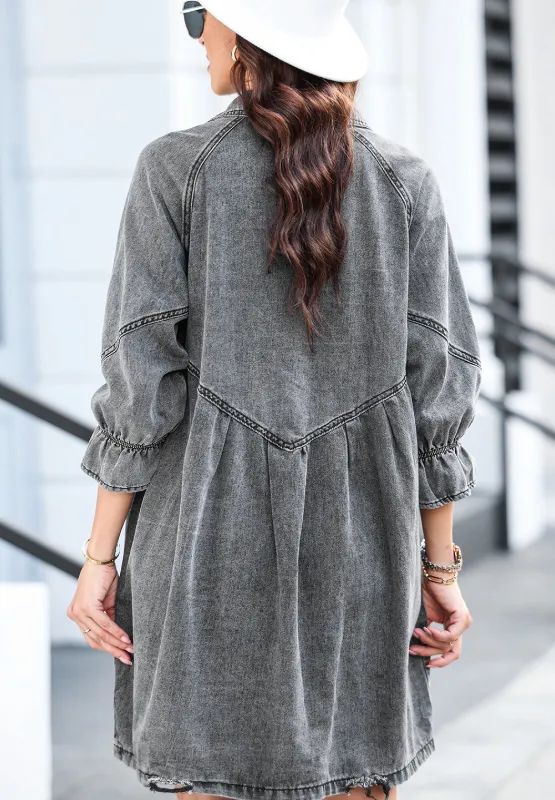 Distressed Collared Neck Flounce Sleeve Denim Dress, image 15