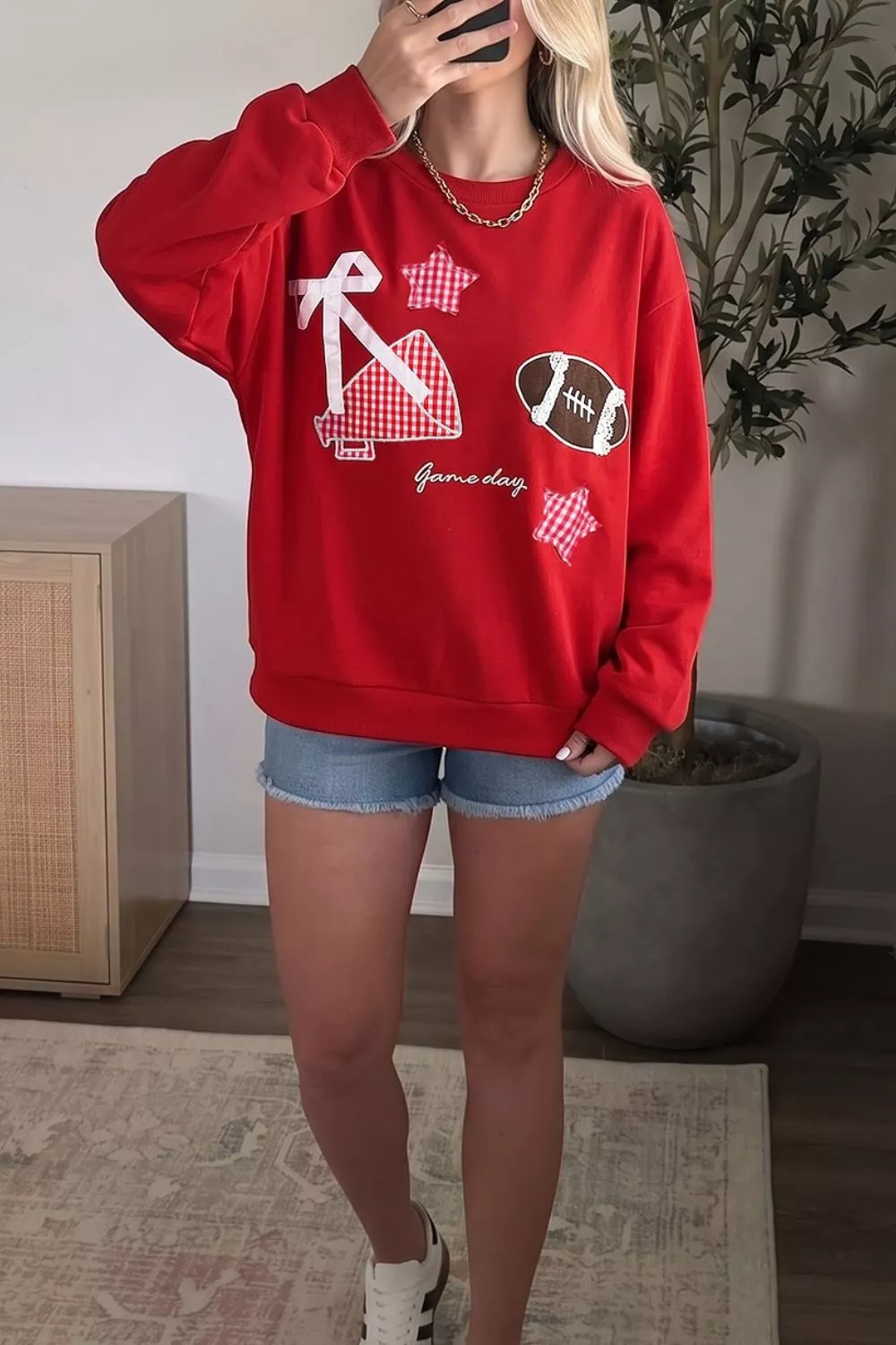 Gingham Patch Embroidered Rugby Game Day Stars Sweatshirt, image 5