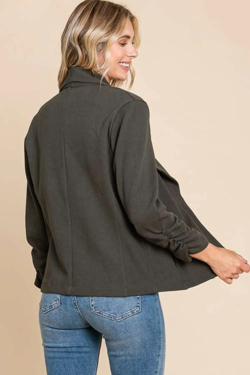 Full Size Ruched Open Front Long Sleeve Jacket, image 2