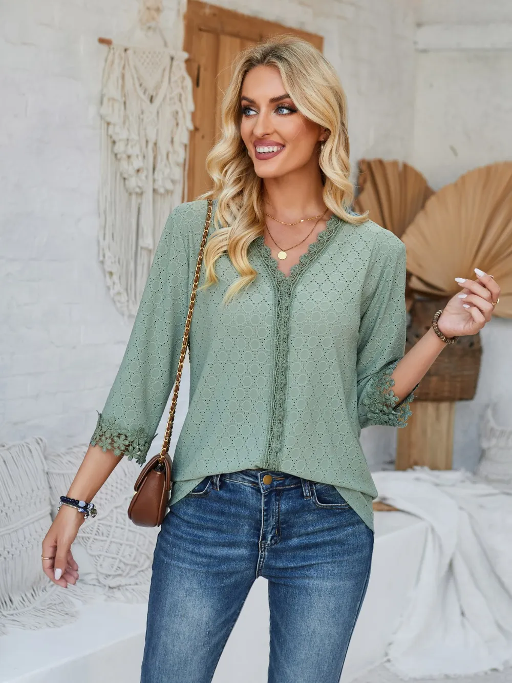 Lace Detail V-Neck Three-Quarter Sleeve Blouse, image 7