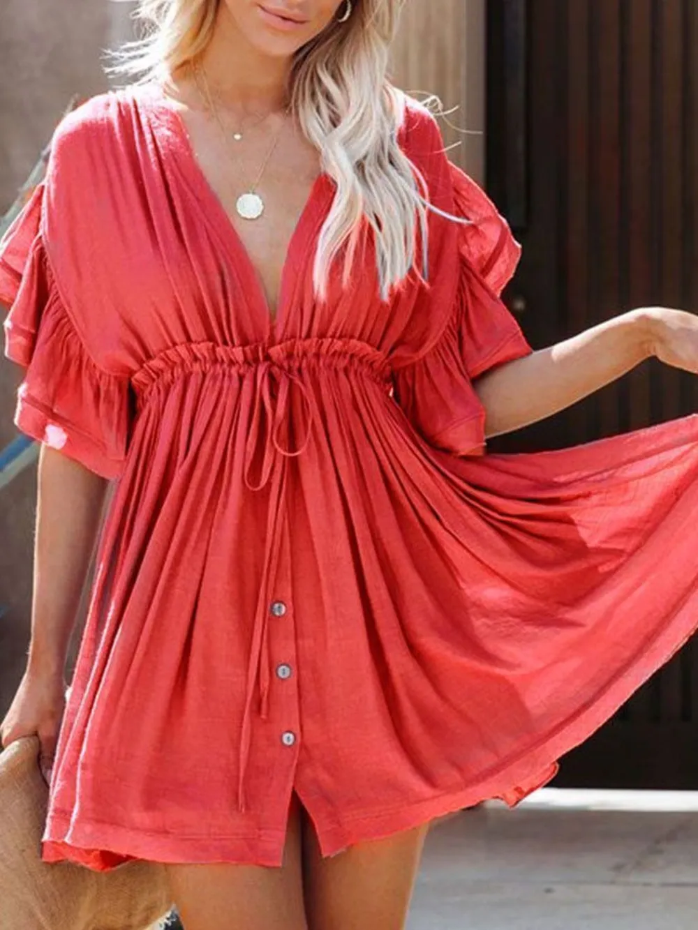 Drawstring Ruffled Half Sleeve Mini Dress, image 12