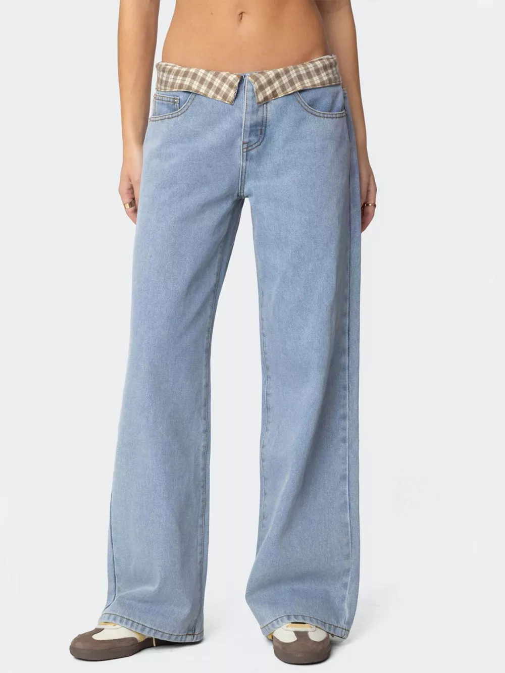 Plaid Trim Wide Leg Jeans, image 2
