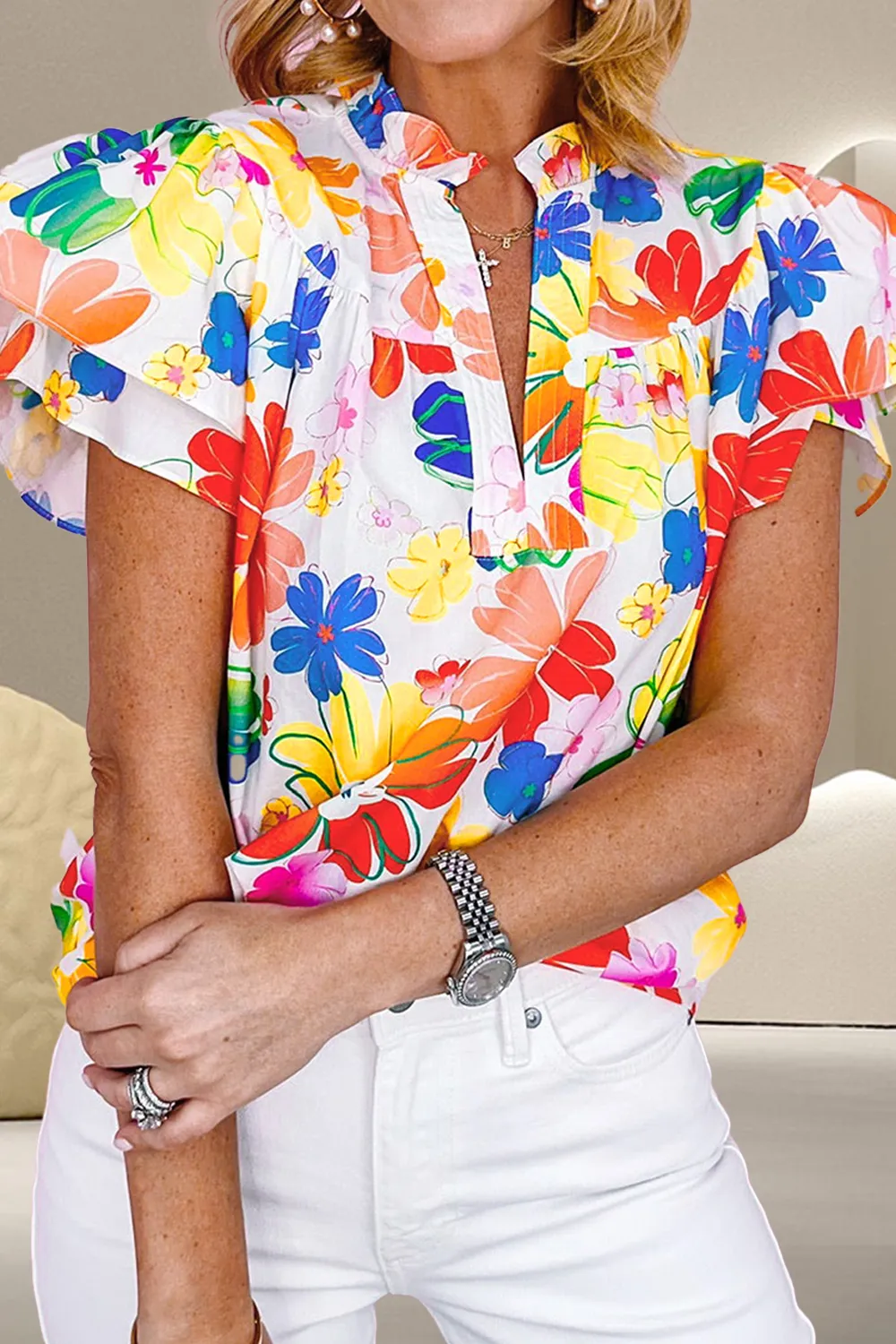 Ruffled Printed Notched Cap Sleeve Blouse, image 2