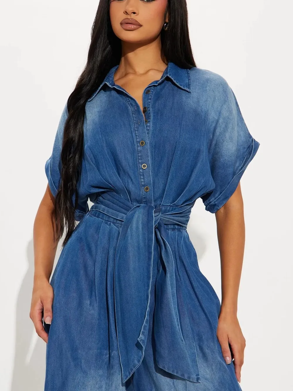 Button Front Wide Leg Denim Jumpsuit, image 2