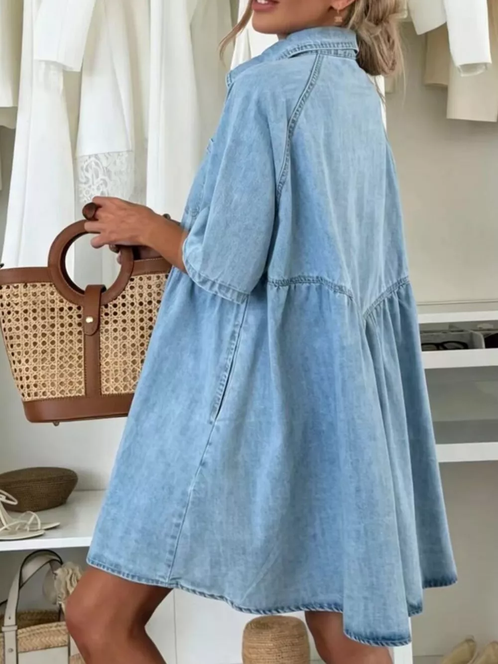 Button Up Denim Shirt Dress, image 3