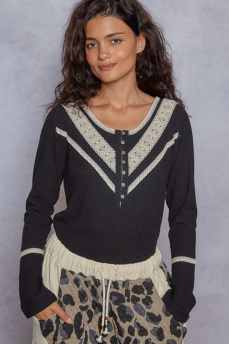 Ribbed Half Button Lace Detail Knit Top