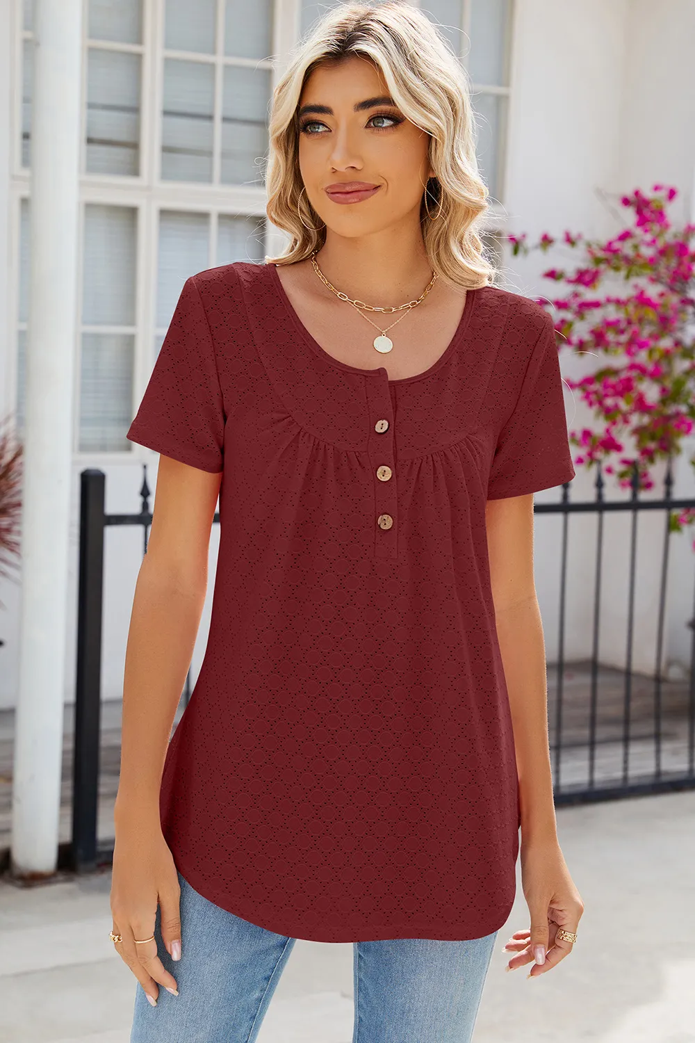 Eyelet Quarter Button Short Sleeve T-Shirt, image 17