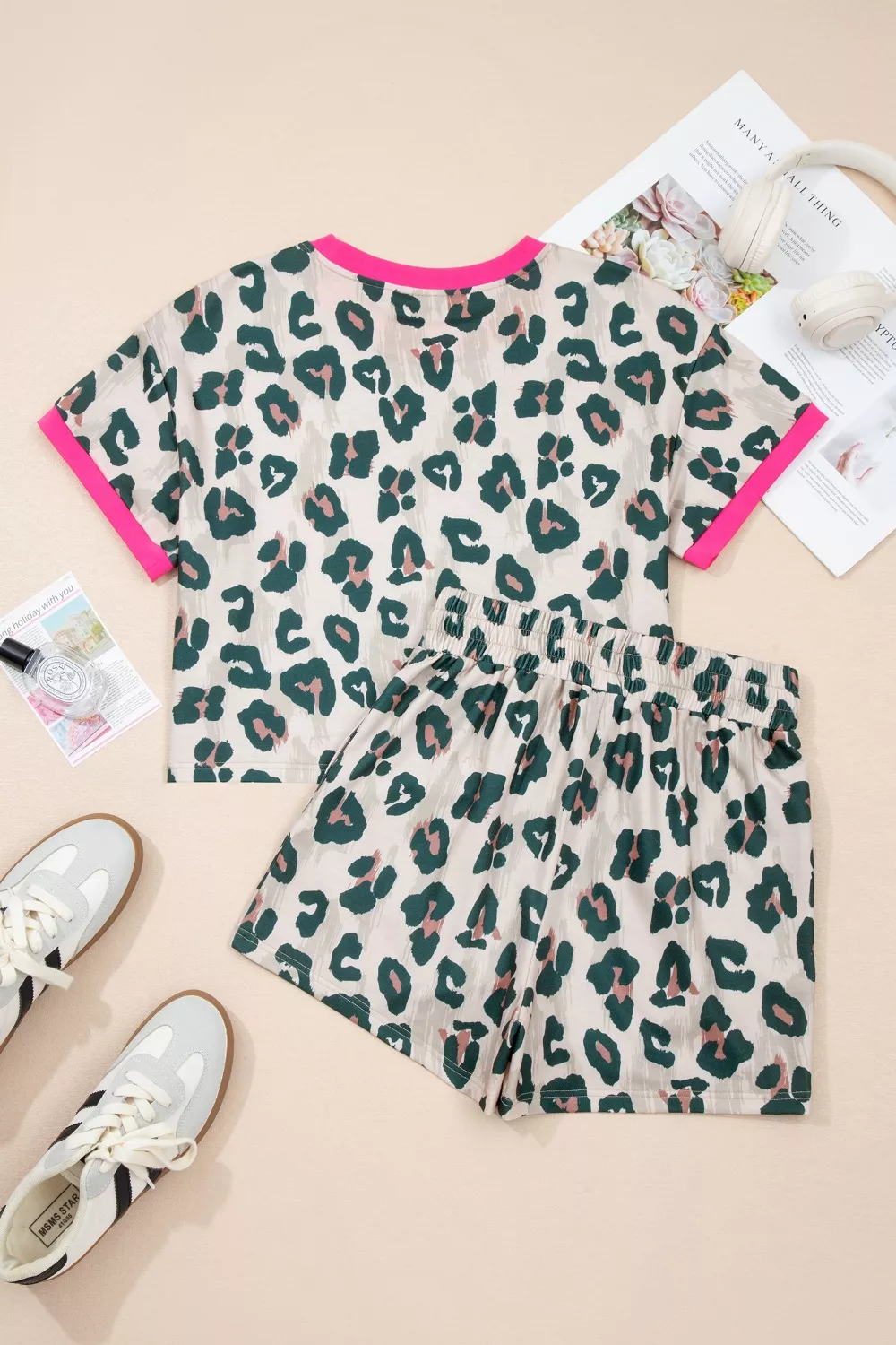Leopard Print Short Sleeve Top and Shorts Set, image 3