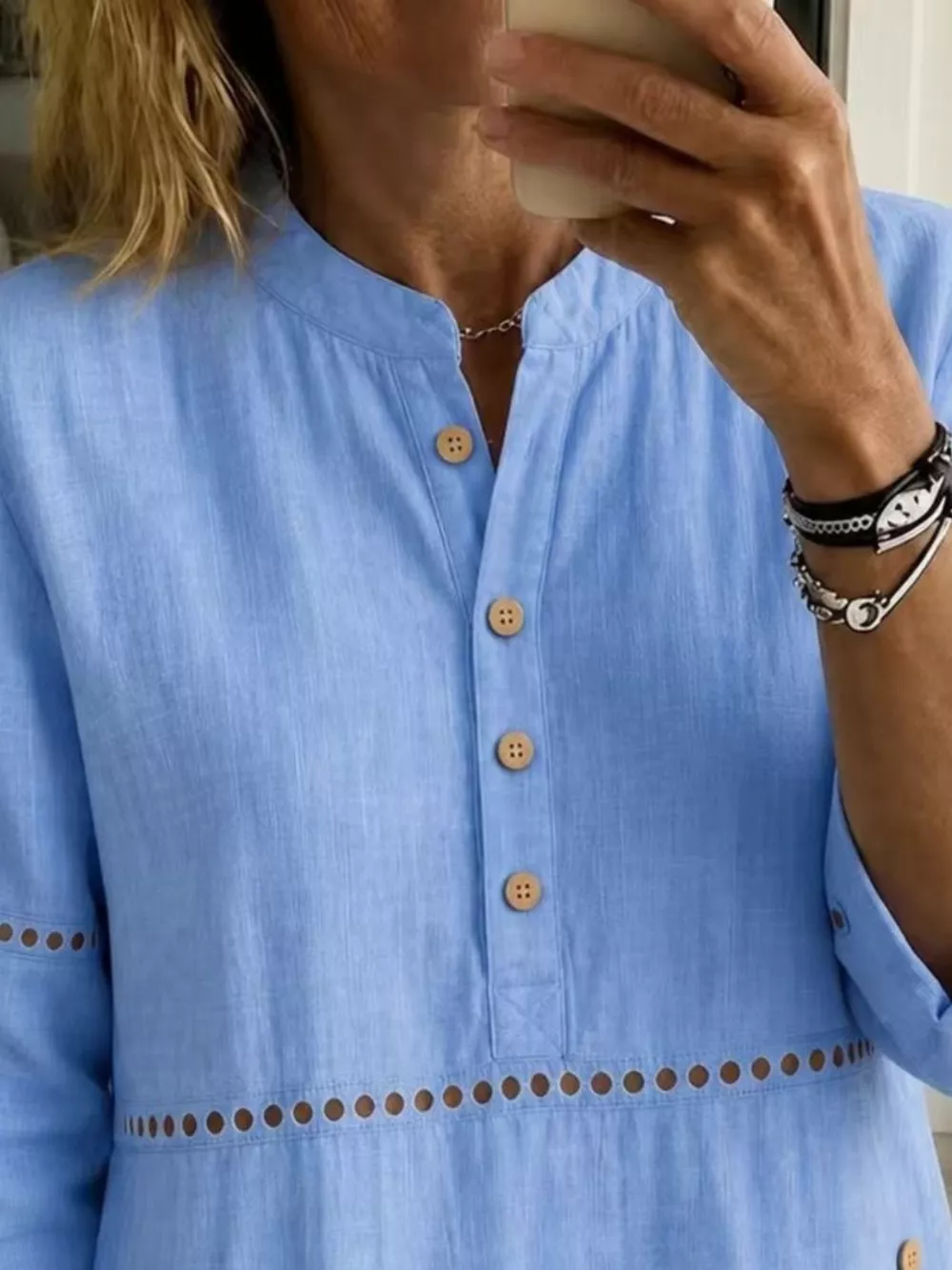 Full Size Button Detail Eyelet Long Sleeve Blouse Plus Size, image 6