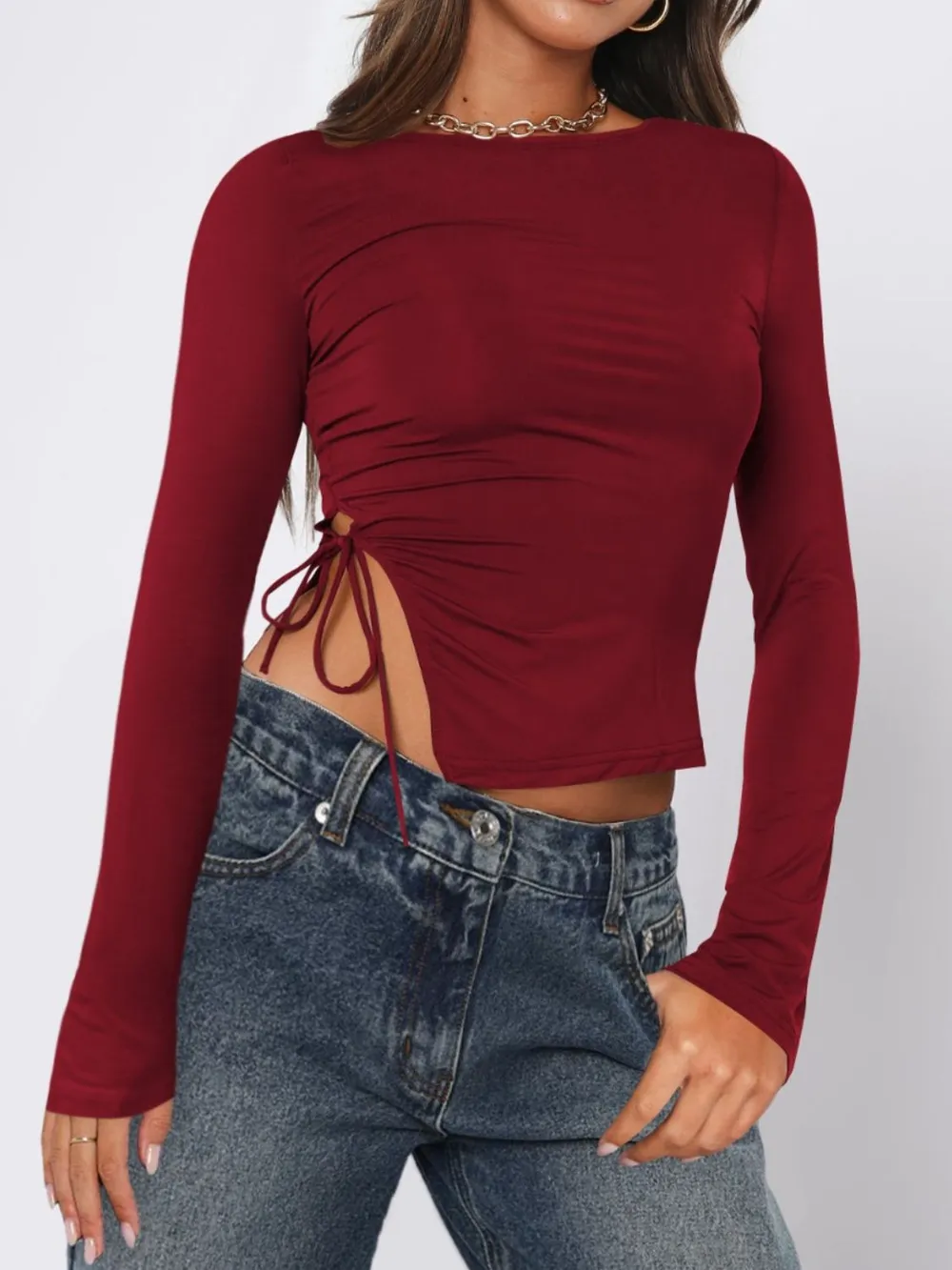 Tied Slit Round Neck Long Sleeve T-Shirt, image 14