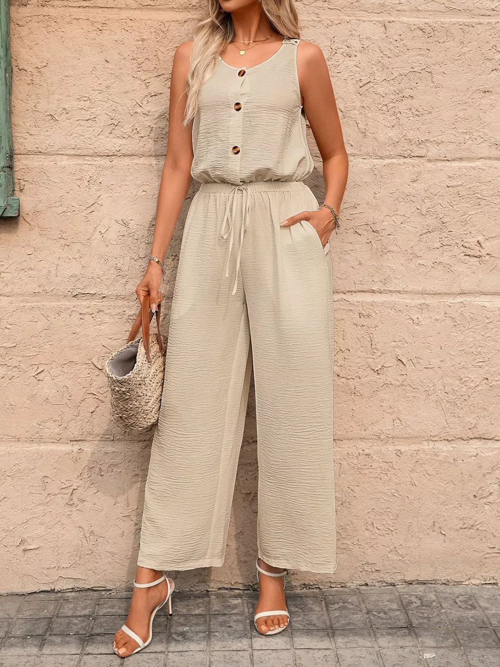 Sleeveless Button-Front Wide Leg Jumpsuit, image 7
