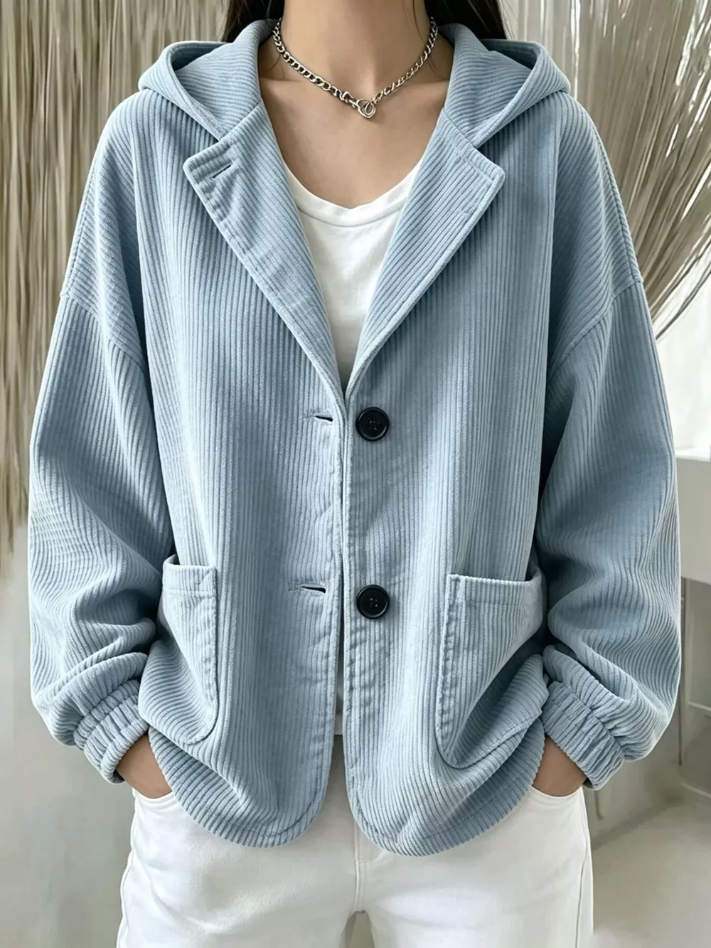 Full Size Corduroy Button Up Hooded Jacket Plus Size, image 13