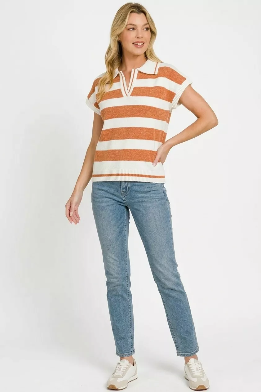 Striped Collared Short Sleeve Sweater, image 2