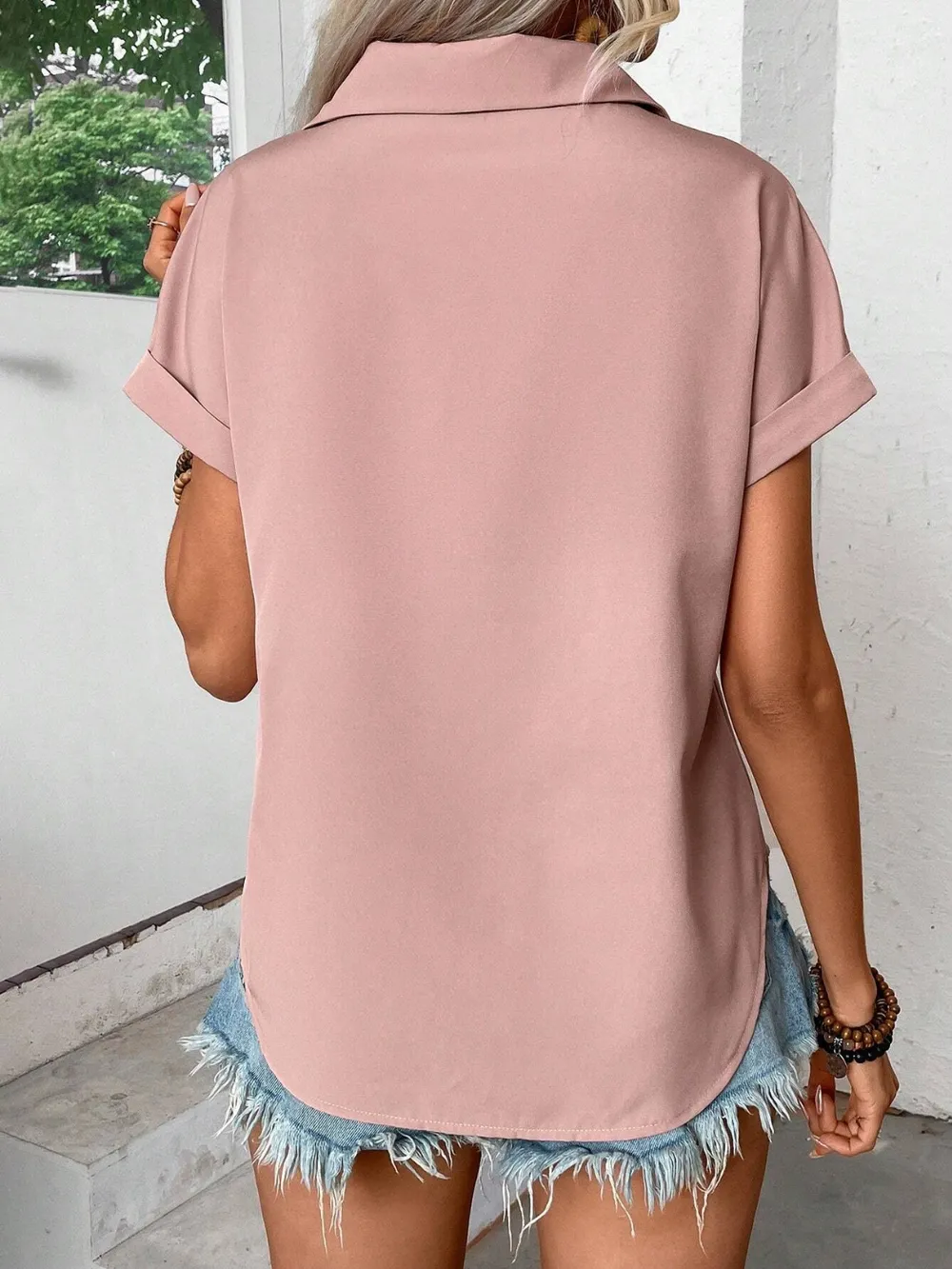 Pleated Detail Collared Neck Short Sleeve Shirt, image 8