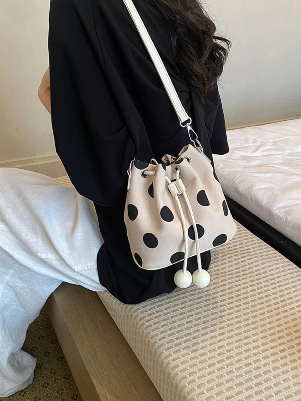 Polka Dot Drawstring Bucket Crossbody Bag, image 3
