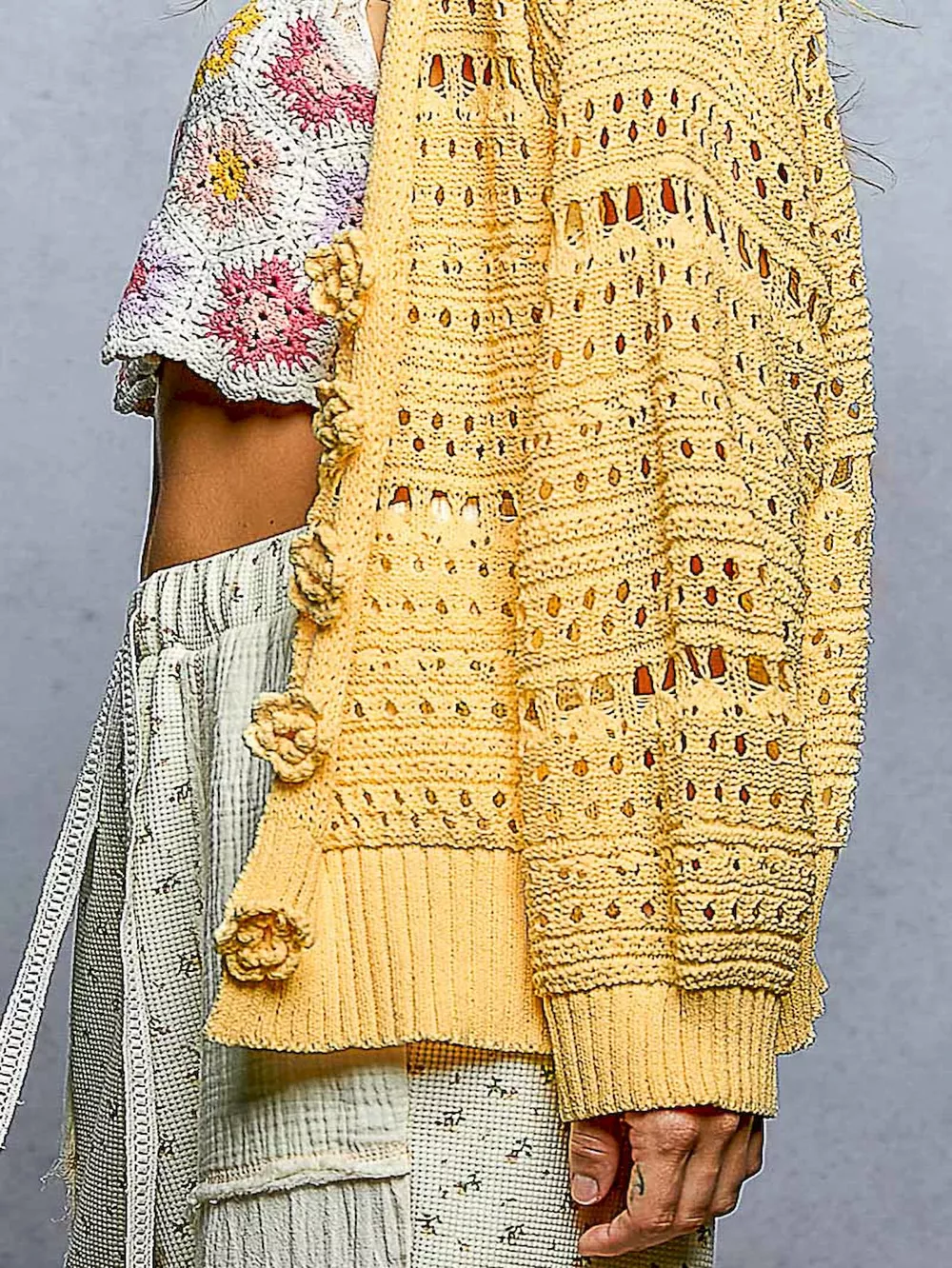 Open-Knit Floral Button Cardigan, image 6