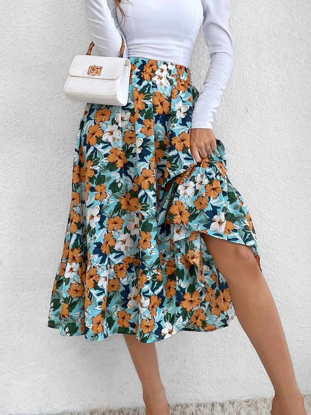 Printed Elastic Waist Midi Skirt, image 9