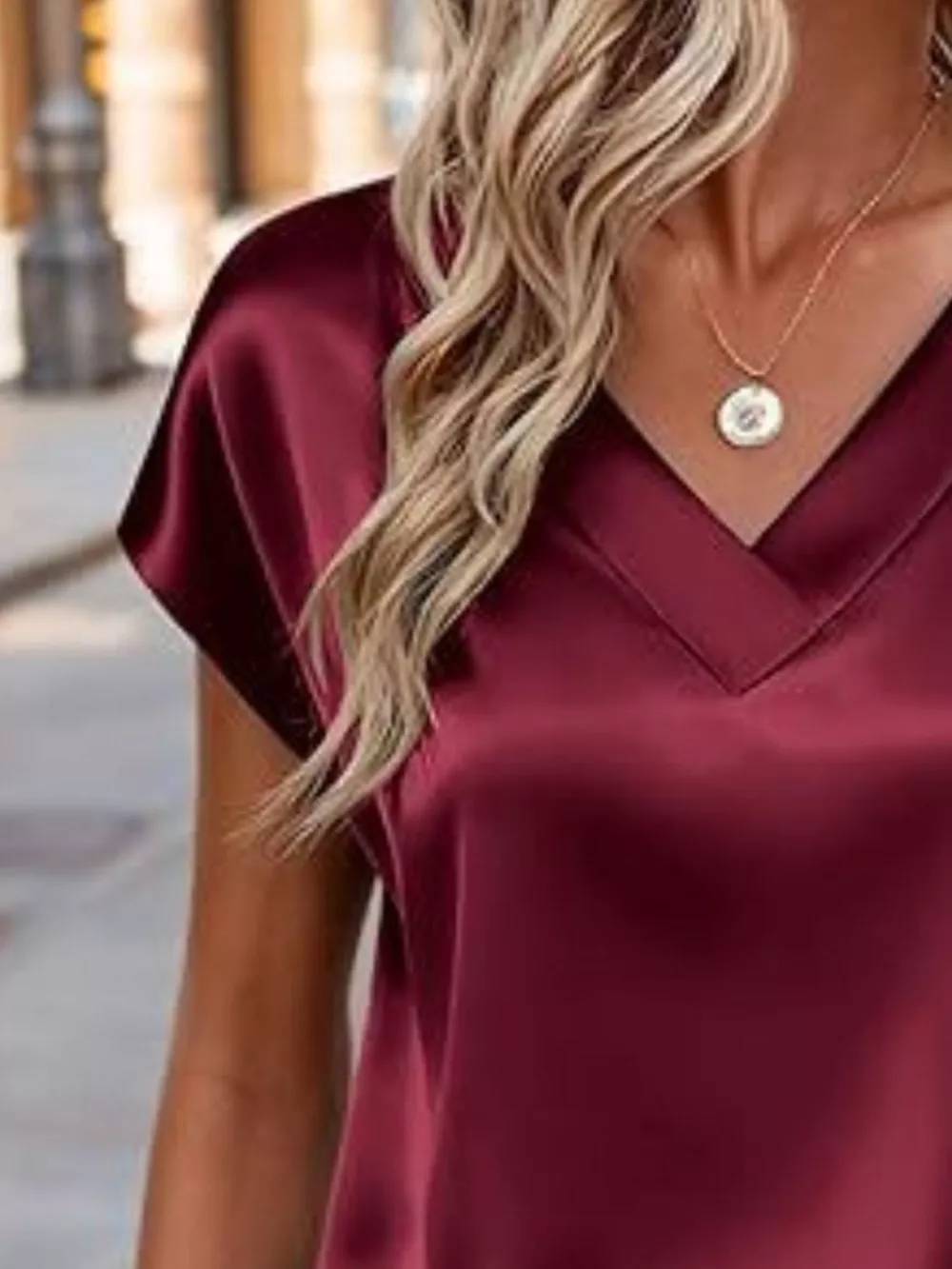 Satin V-Neck Short Sleeve Blouse, image 3