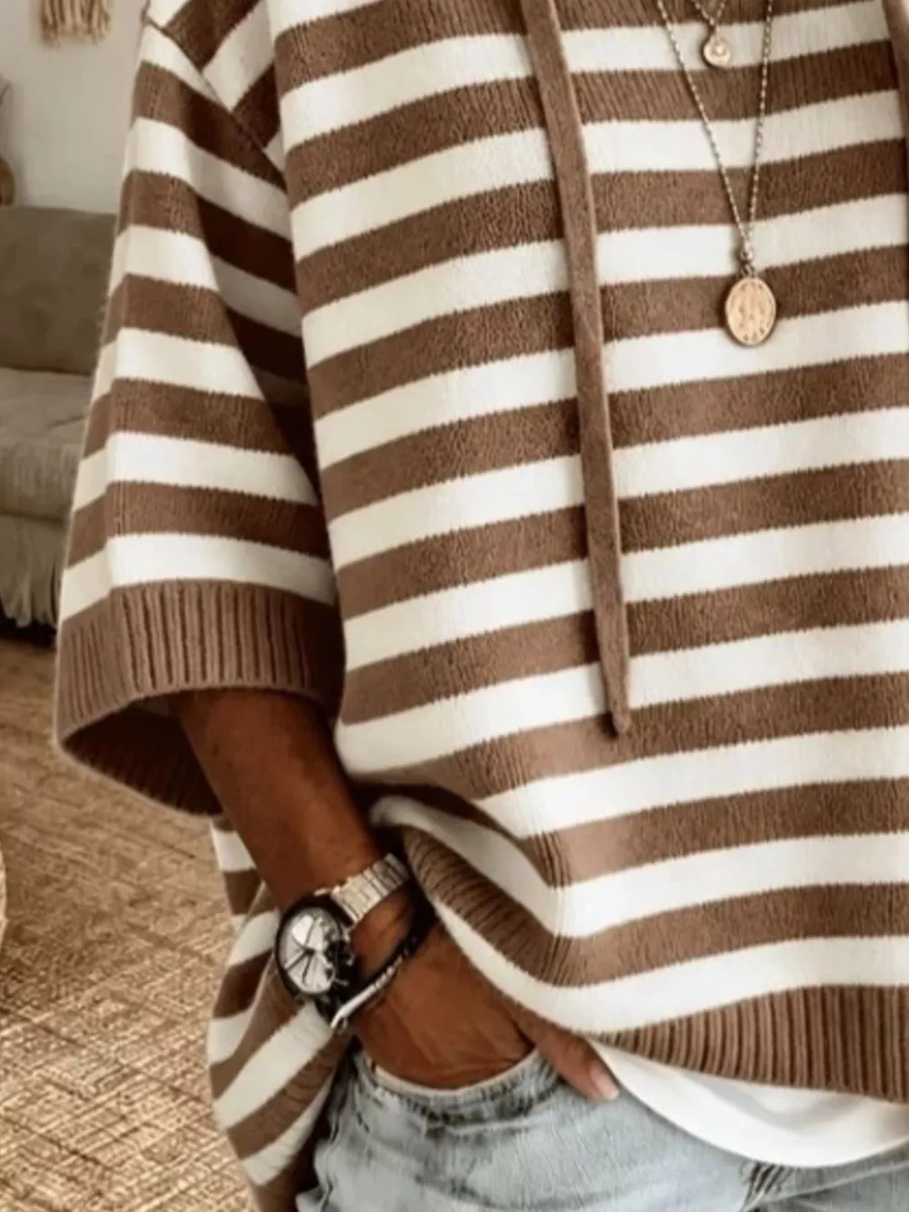 Casual Striped Hooded Knit Sweater, image 4