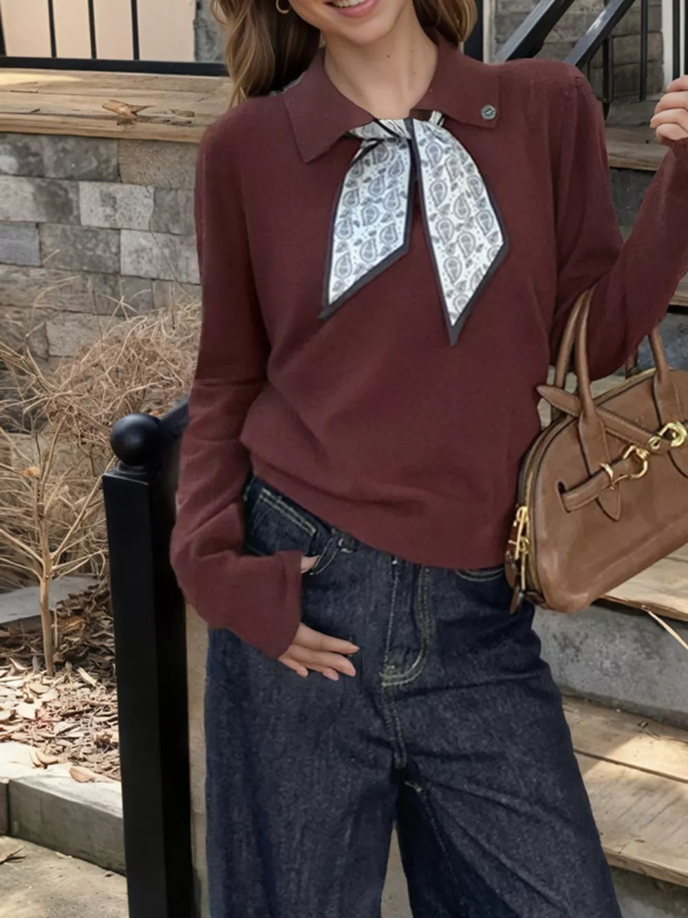Scarf-Accented Long Sleeve Sweater, image 5