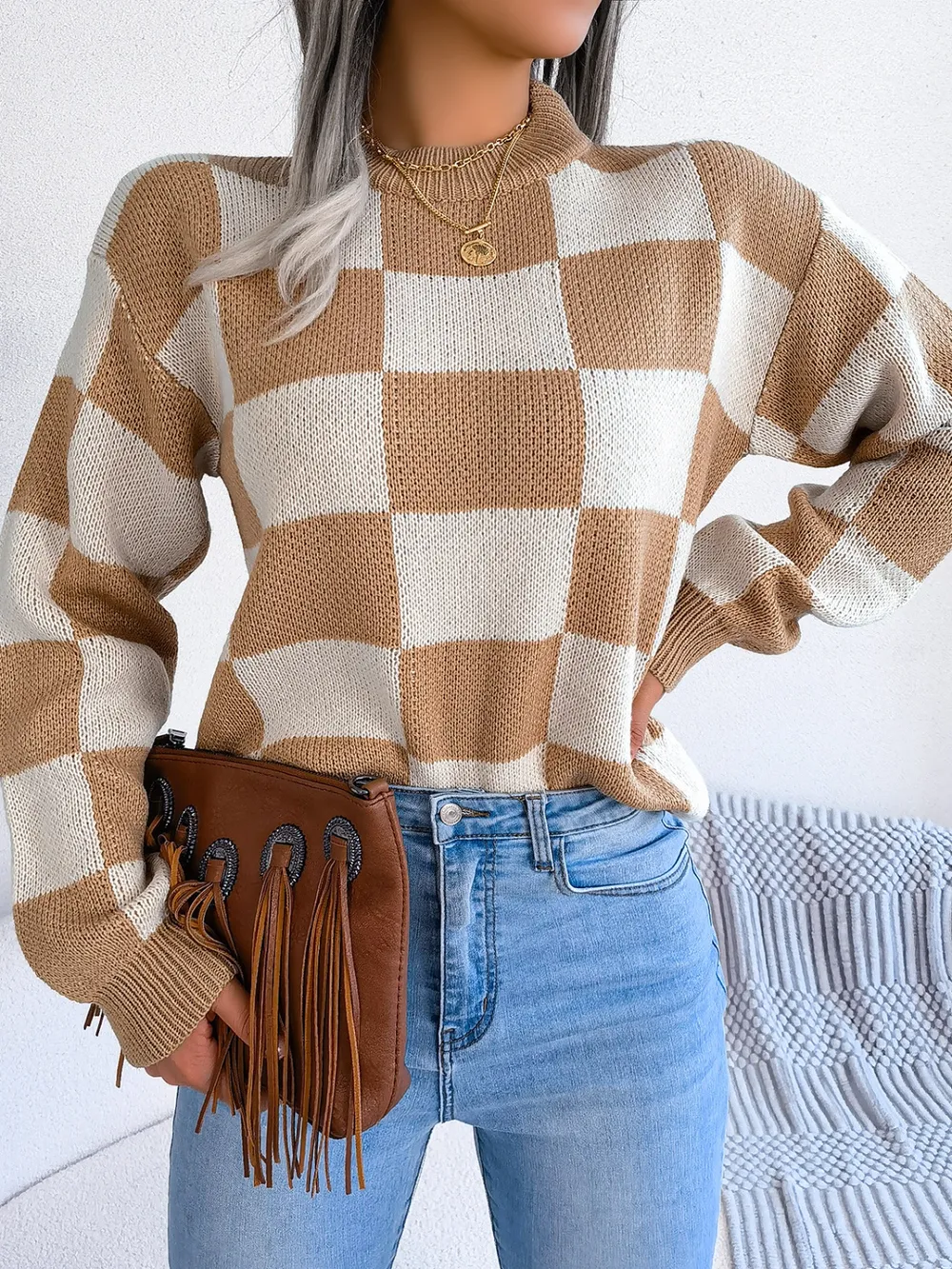Checkered Mock Neck Long Sleeve Sweater, image 10
