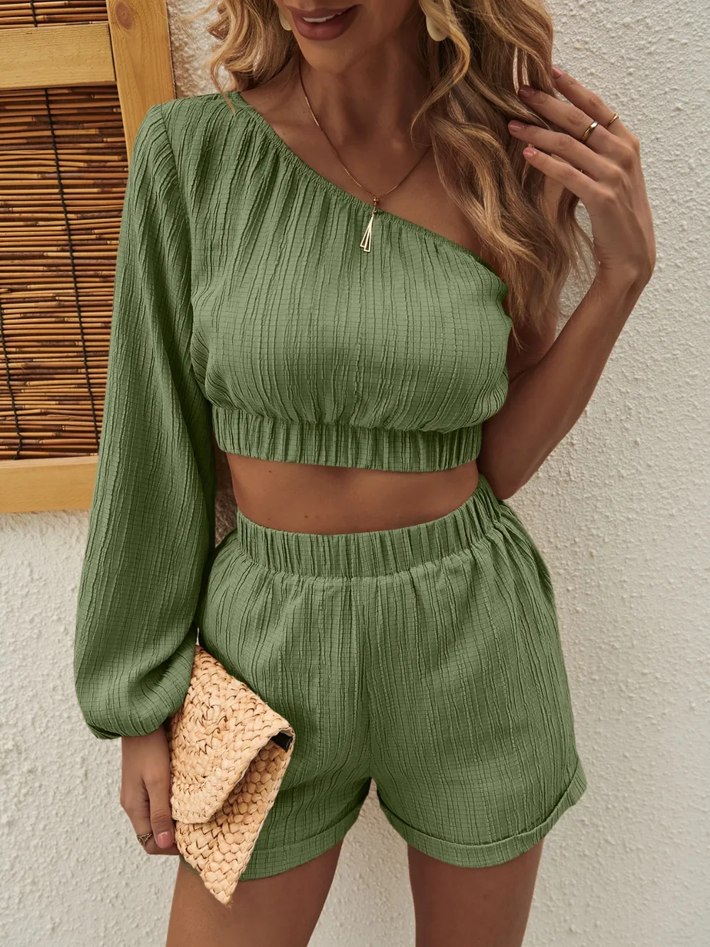 One Shoulder Long Sleeve Top and Shorts Set, image 7